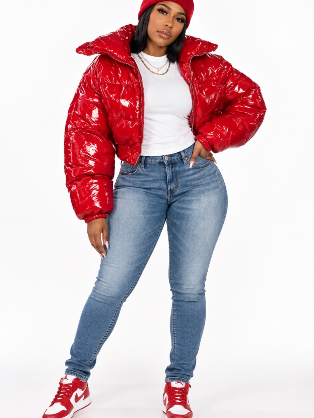 Glossy Red Cropped Puffer Jacket